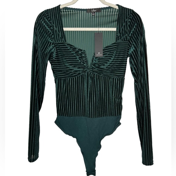 Lulu's Tops - NWT Lulu’s Green Velvet Striped Bodysuit Size Small